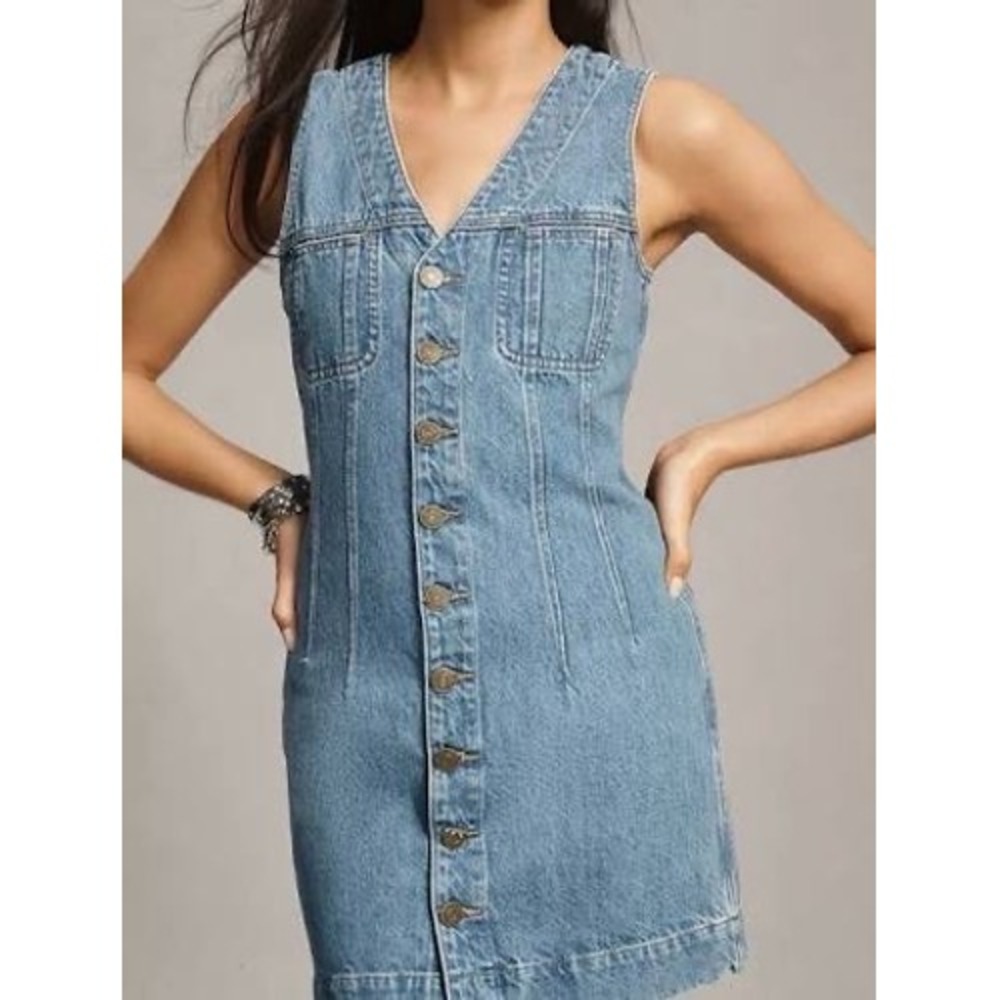 FRAME Denim Trucker Button Front Mini Dress Light Wash Blue Sleeveless Size 2